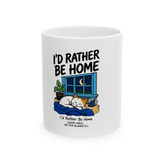 I'd Rather Be Home mug | Cat sleeping by window, cozy night scene