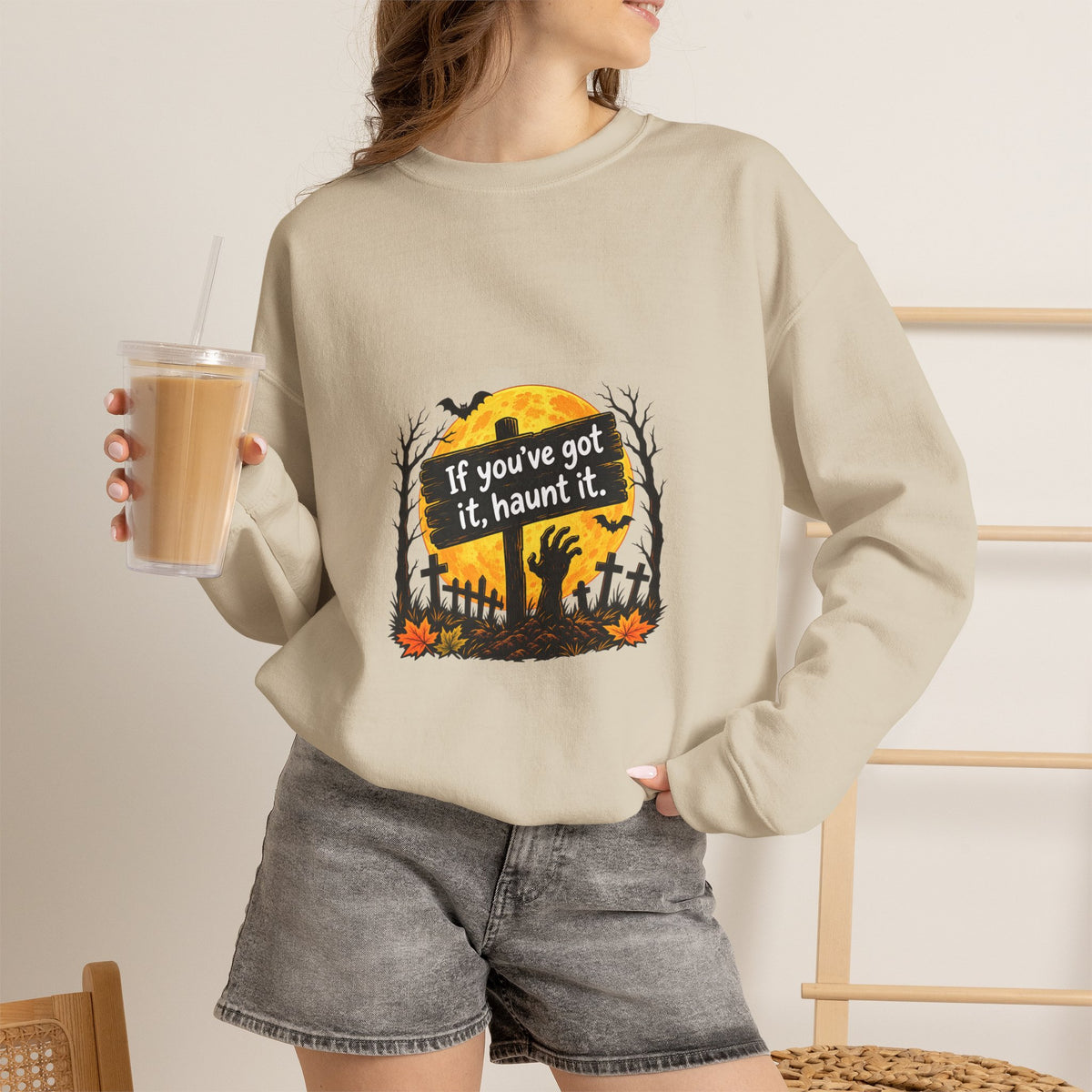 If Youve Got It Haunt It sweatshirt | Halloween cemetery moon design