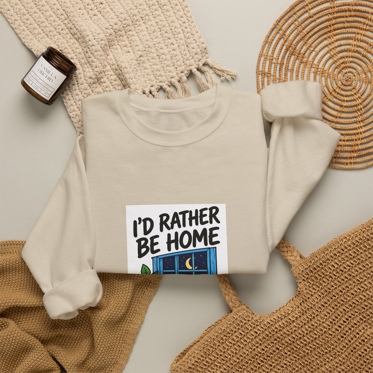 Crewneck Sweatshirt — 'I'd Rather Be Home' Cozy Cabin Graphic