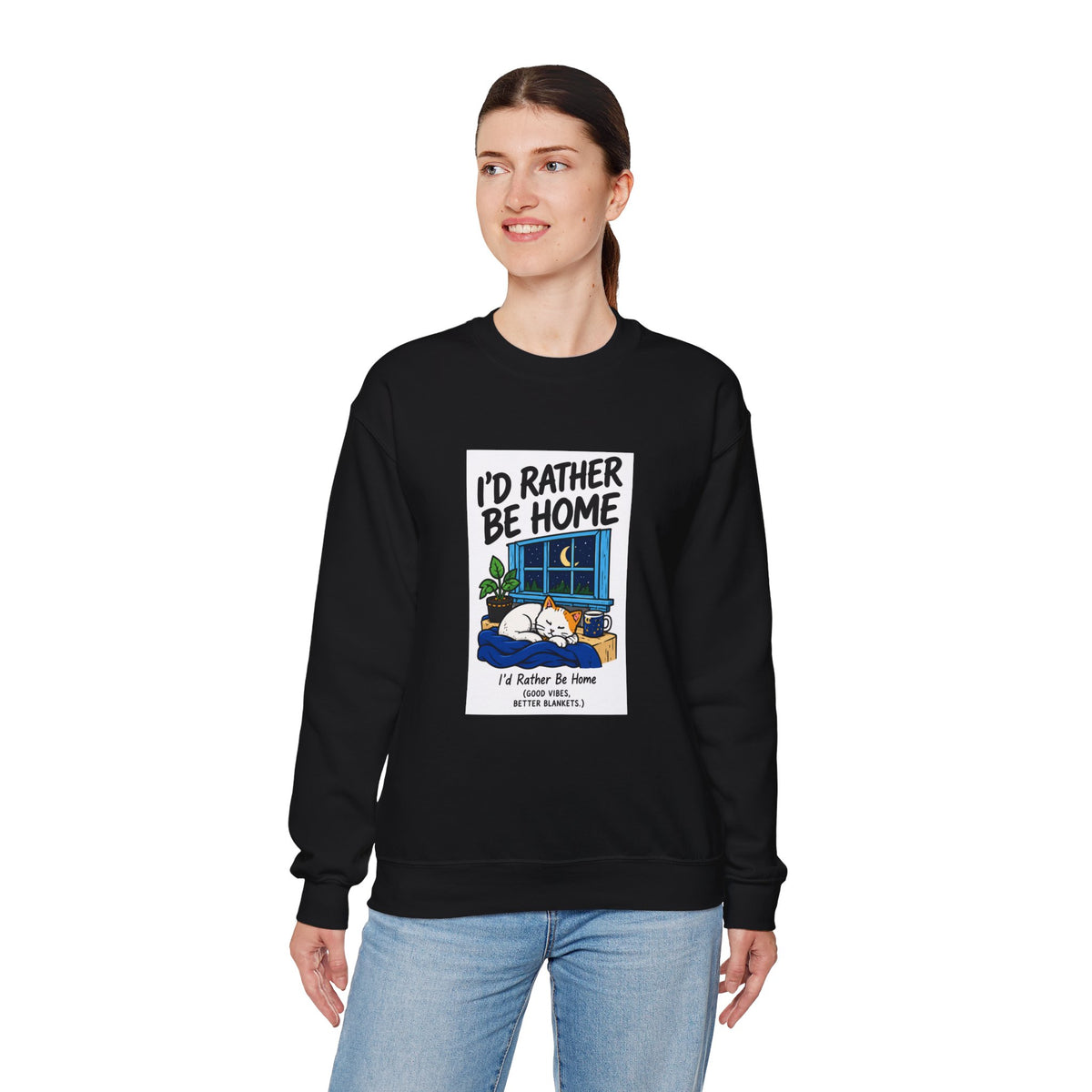 I'd Rather Be Home Sweatshirt — Cozy Cat Window Night Crewneck