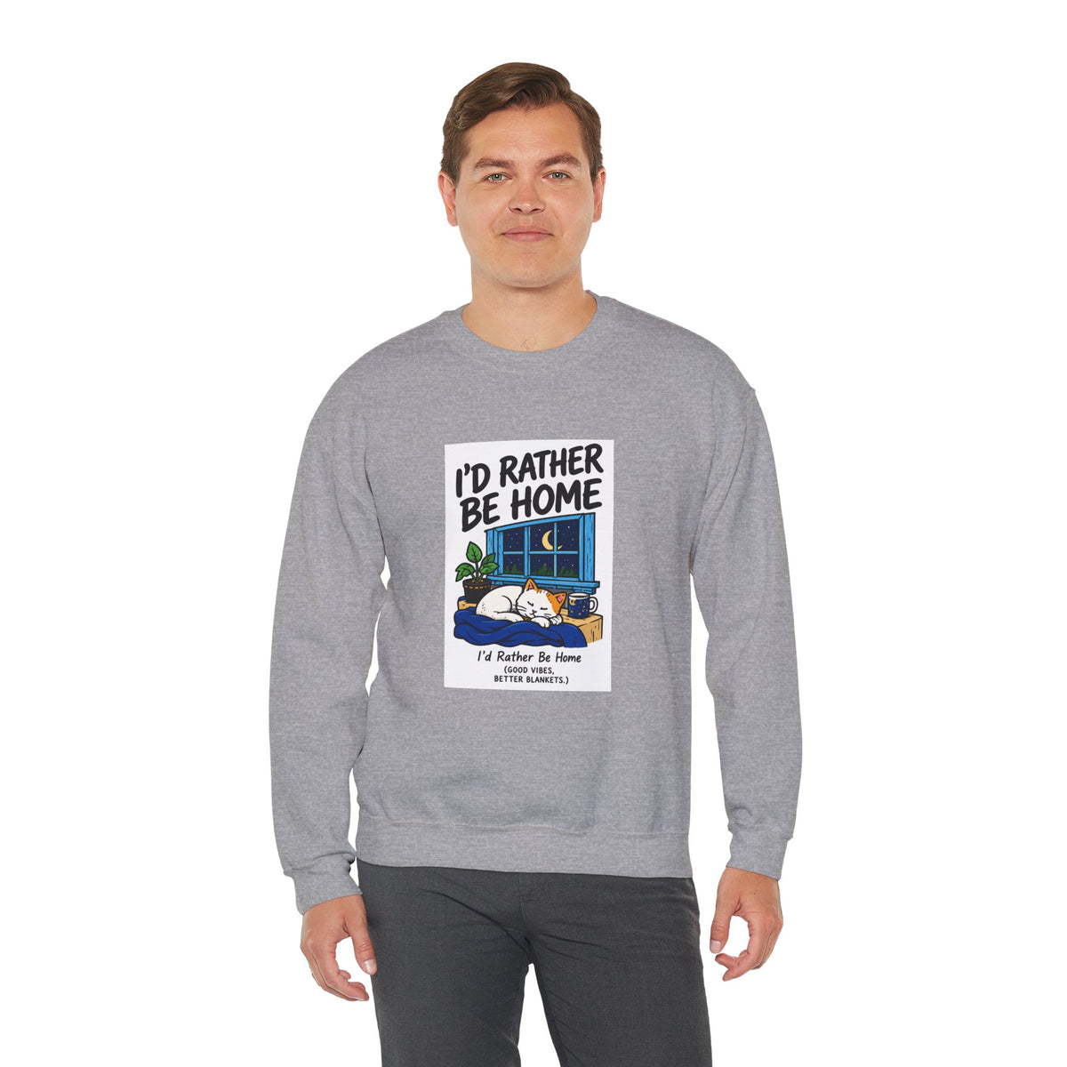I'd Rather Be Home Sweatshirt — Cozy Cat Window Night Crewneck
