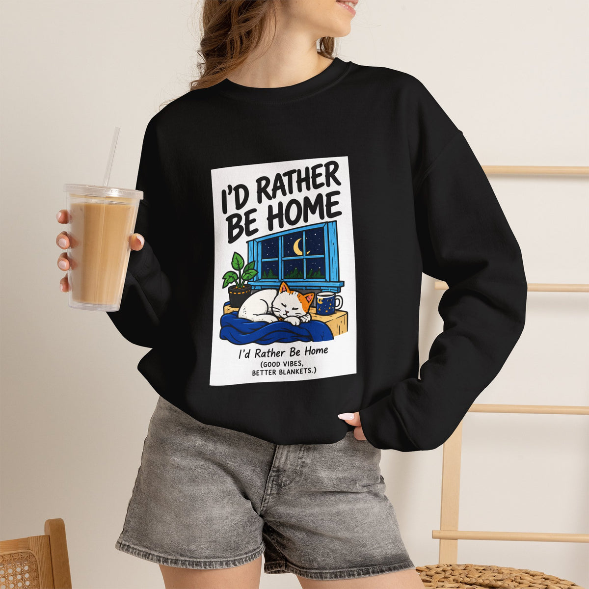 I'd Rather Be Home Sweatshirt — Cozy Cat Window Night Crewneck