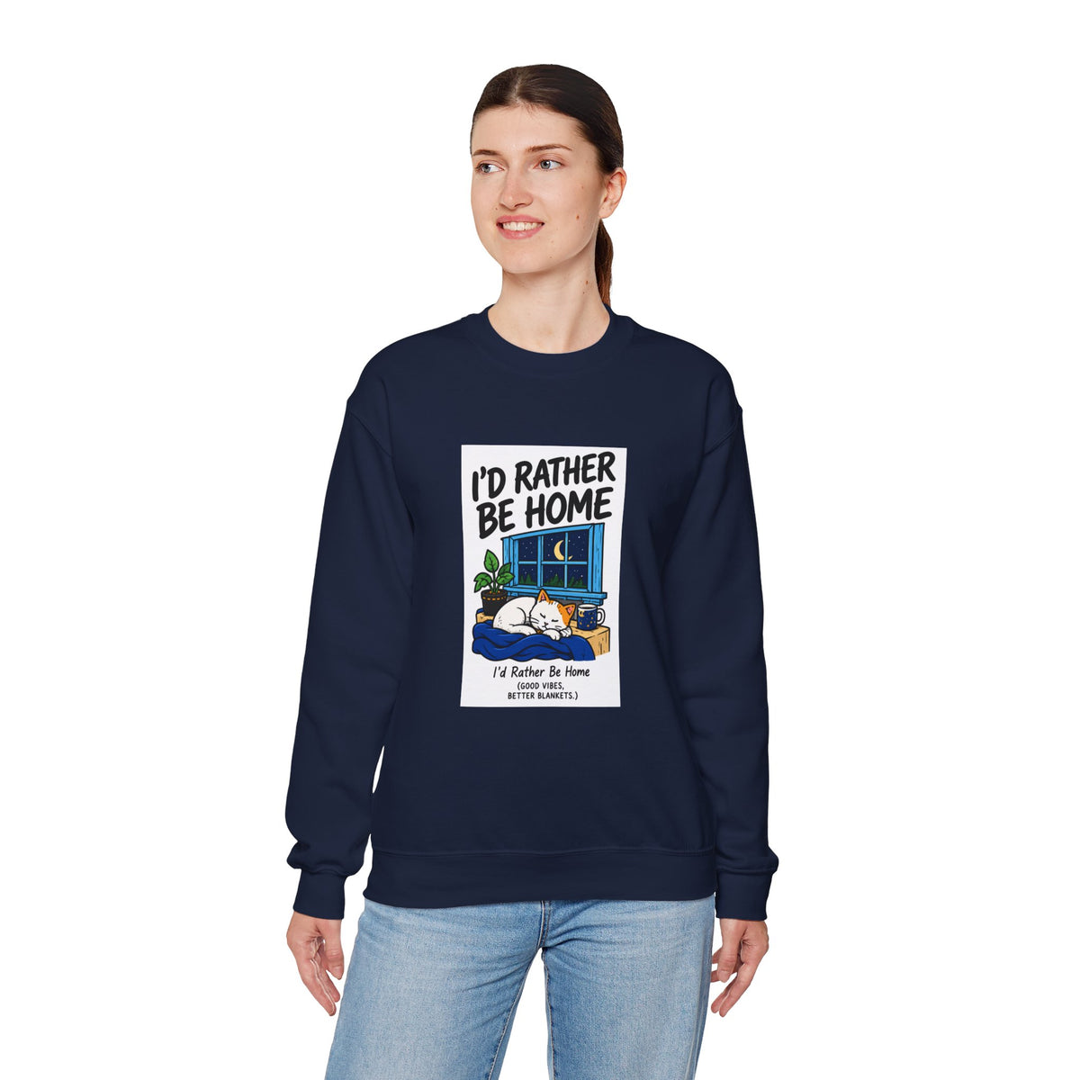I'd Rather Be Home Sweatshirt — Cozy Cat Window Night Crewneck