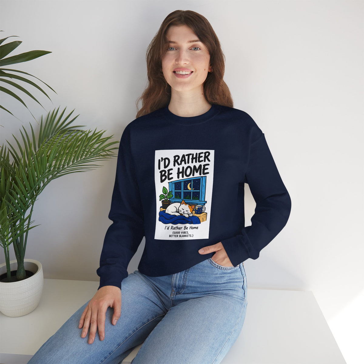 I'd Rather Be Home Sweatshirt — Cozy Cat Window Night Crewneck