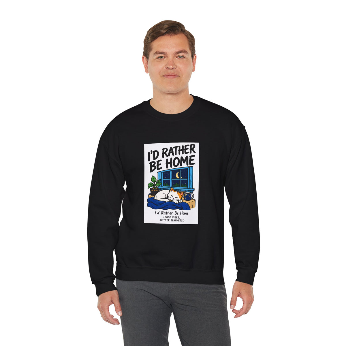 I'd Rather Be Home Sweatshirt — Cozy Cat Window Night Crewneck