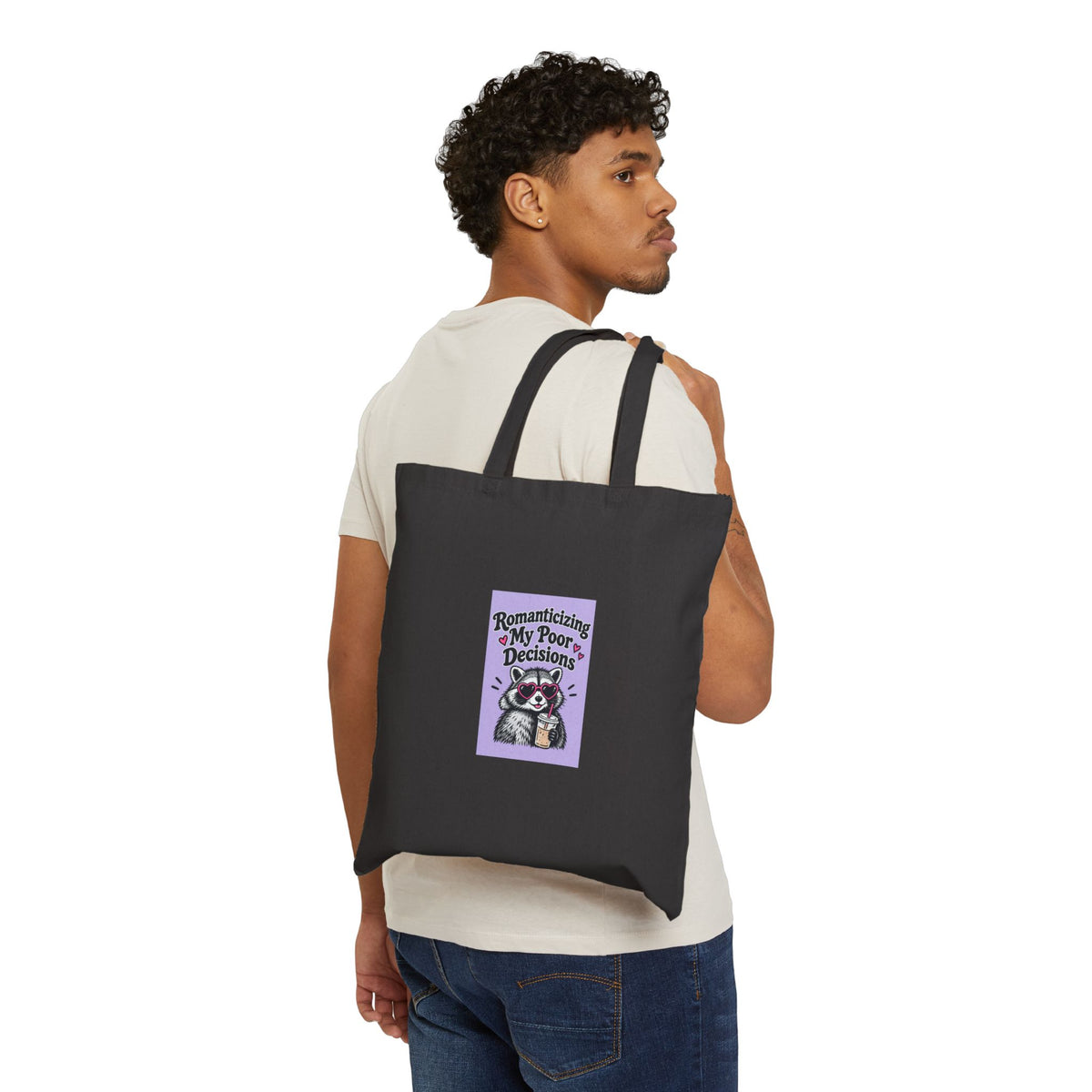 Tote Bag — 'Romanticizing My Poor Decisions' Cute Raccoon Canvas Tote