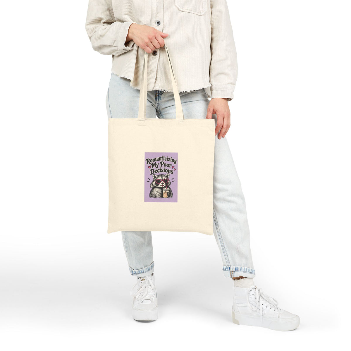 Romanticizing My Poor Decisions Tote Bag | Raccoon Illustration, Purple Retro Text