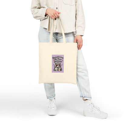 Romanticizing My Poor Decisions Tote Bag | Raccoon Illustration, Purple Retro Text