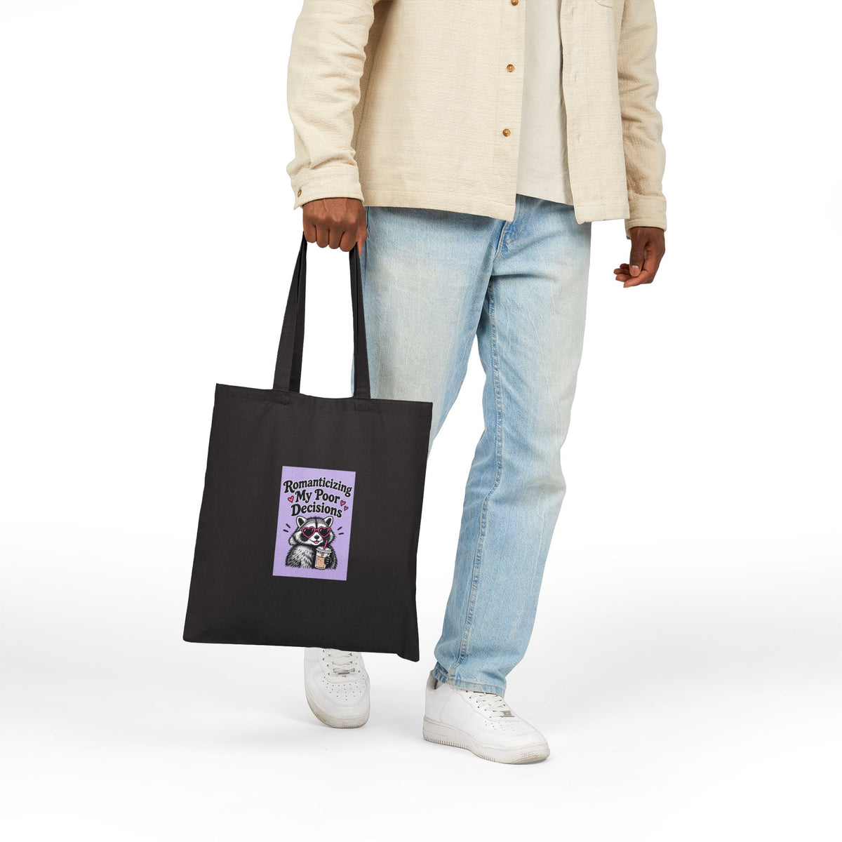 Tote Bag — 'Romanticizing My Poor Decisions' Cute Raccoon Canvas Tote