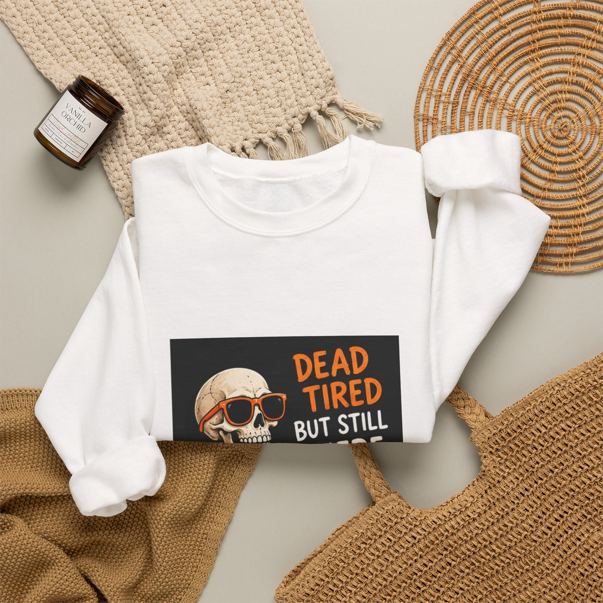 Dead Tired But Still Here Sweatshirt — Funny Skeleton Coffee Crewneck