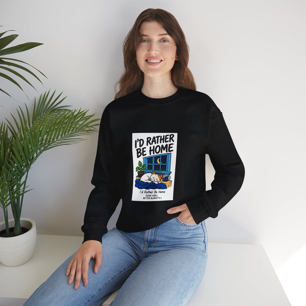 Crewneck Sweatshirt — 'I'd Rather Be Home' Cozy Cabin Graphic