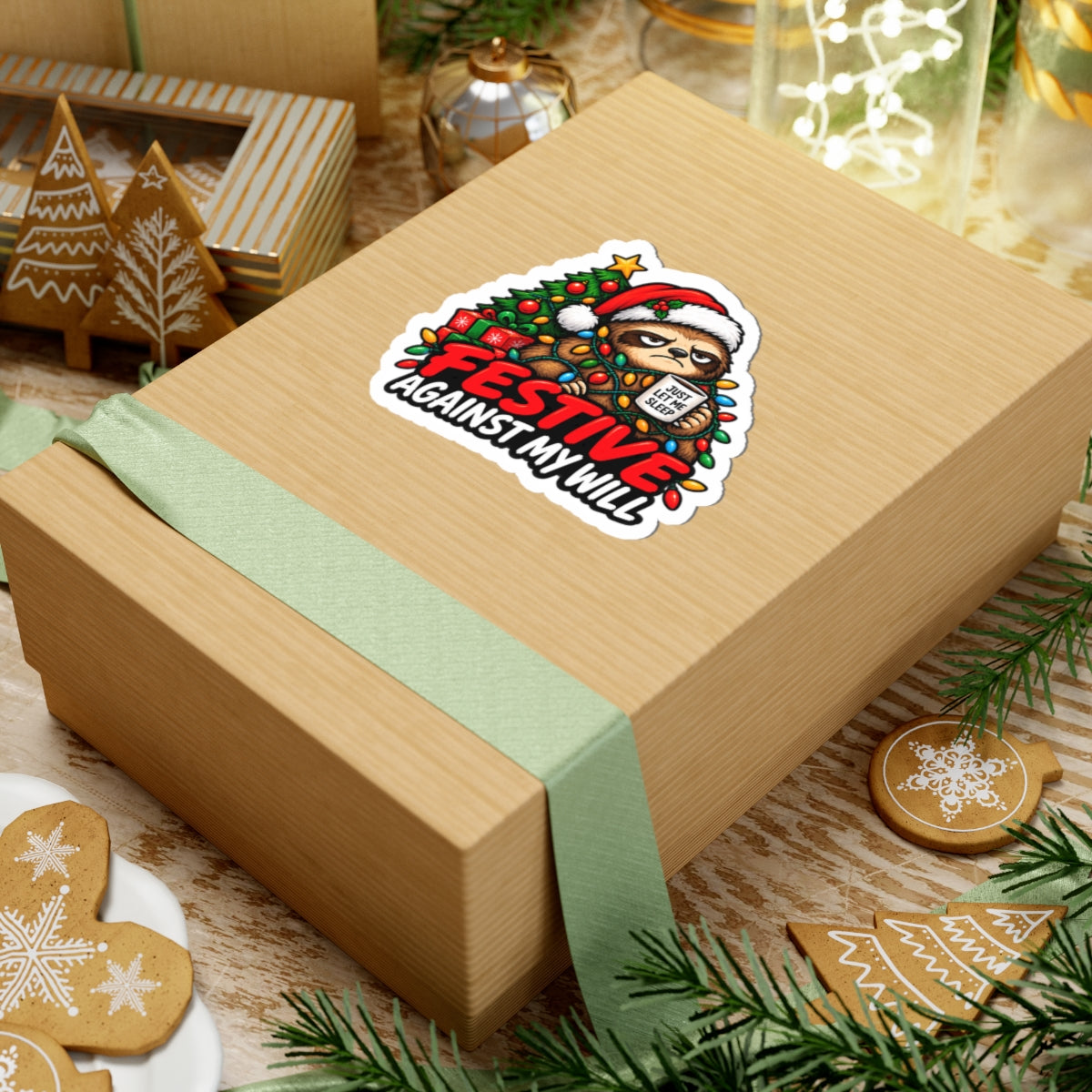 Holiday Sloth Sticker — "Festive Against My Will" Christmas Kiss-Cut Sticker