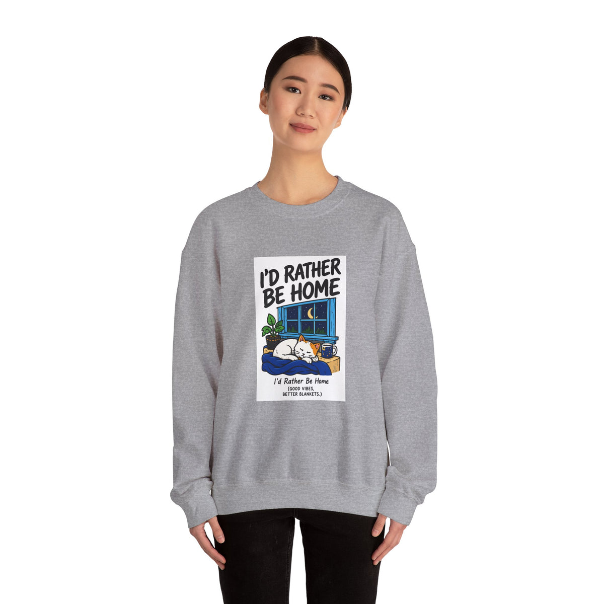 I'd Rather Be Home Sweatshirt — Cozy Cat Window Night Crewneck