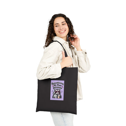 Romanticizing My Poor Decisions Tote Bag | Raccoon Illustration, Purple Retro Text