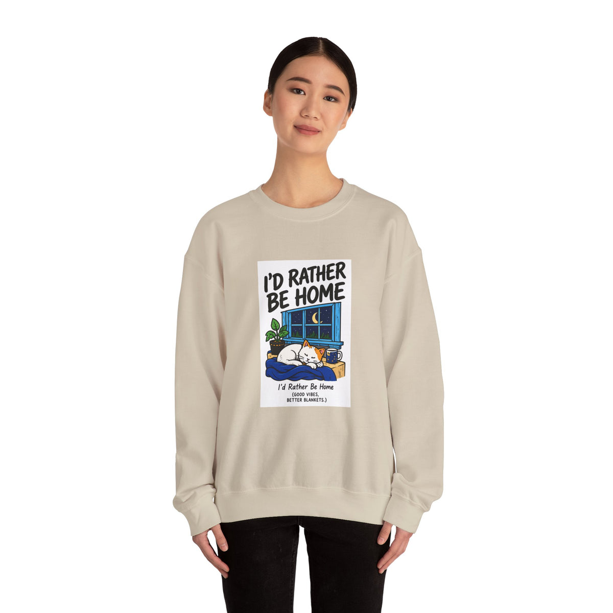 I'd Rather Be Home Sweatshirt — Cozy Cat Window Night Crewneck
