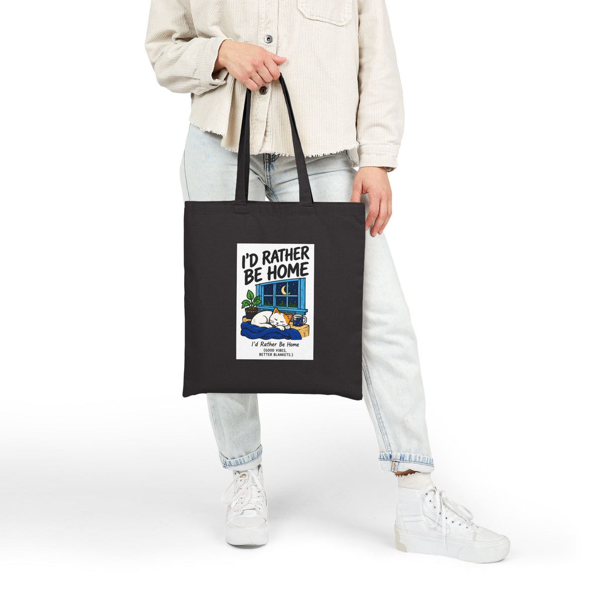 I'd Rather Be Home Canvas Tote Bag — Cozy Cat Window Illustration