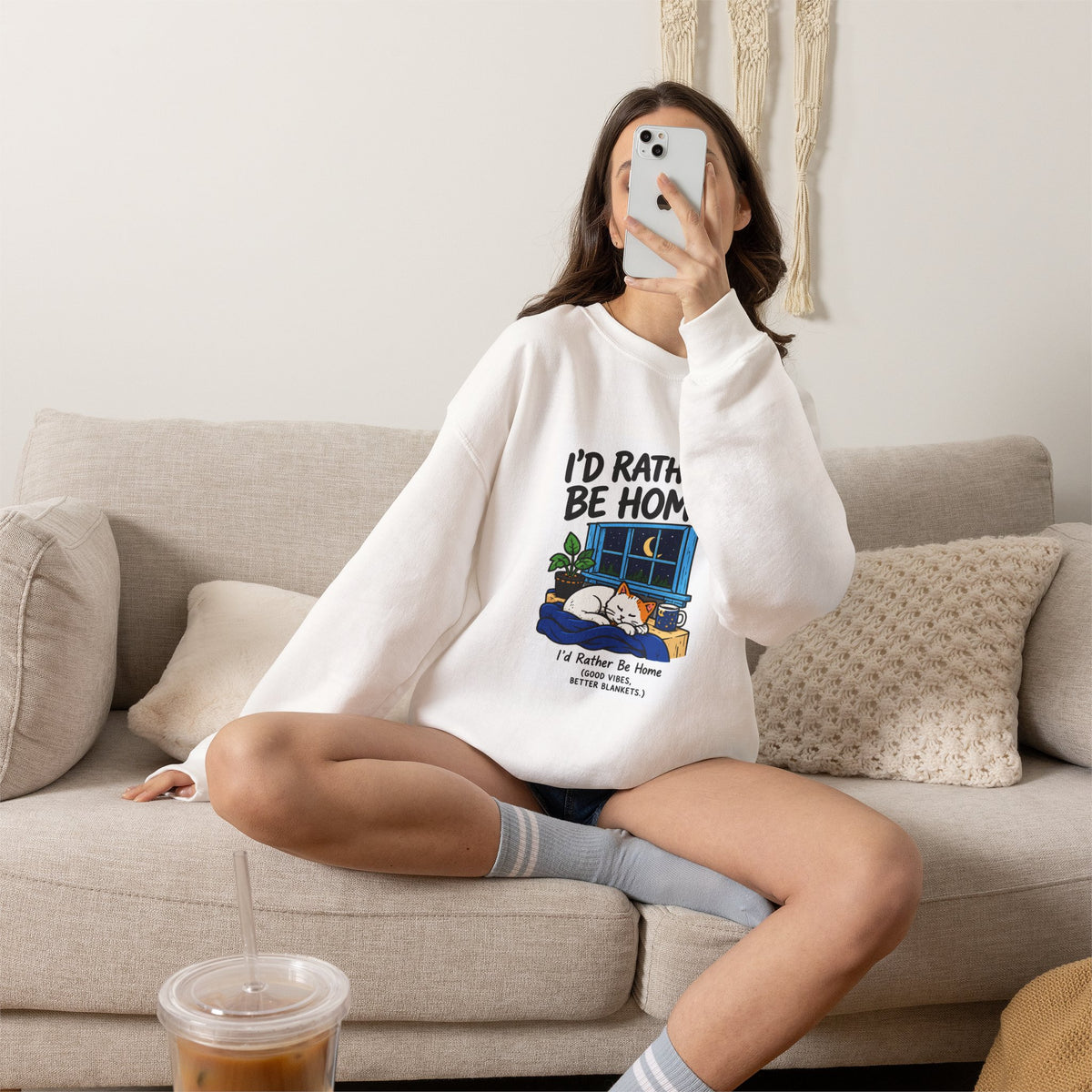 I'd Rather Be Home Sweatshirt — Cozy Cat Window Night Crewneck