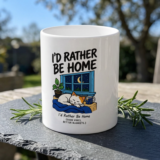 I'd Rather Be Home mug | Cat sleeping by window, cozy night scene