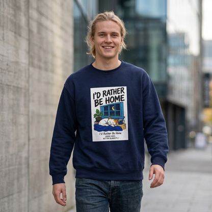 I'd Rather Be Home Sweatshirt — Cozy Cat Window Night Crewneck
