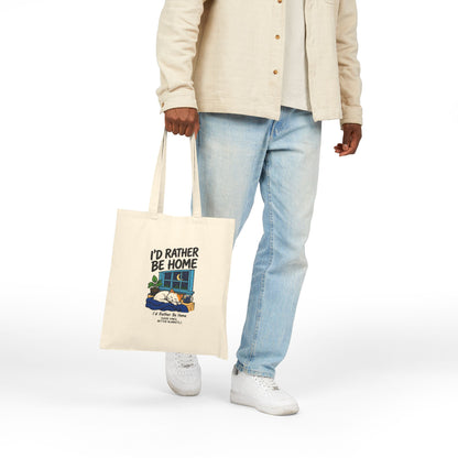 I'd Rather Be Home Canvas Tote Bag — Cozy Cat Window Illustration