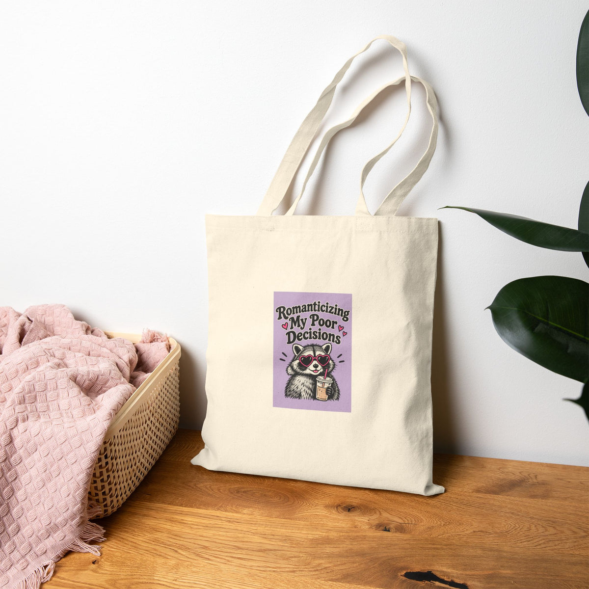 Tote Bag — 'Romanticizing My Poor Decisions' Cute Raccoon Canvas Tote