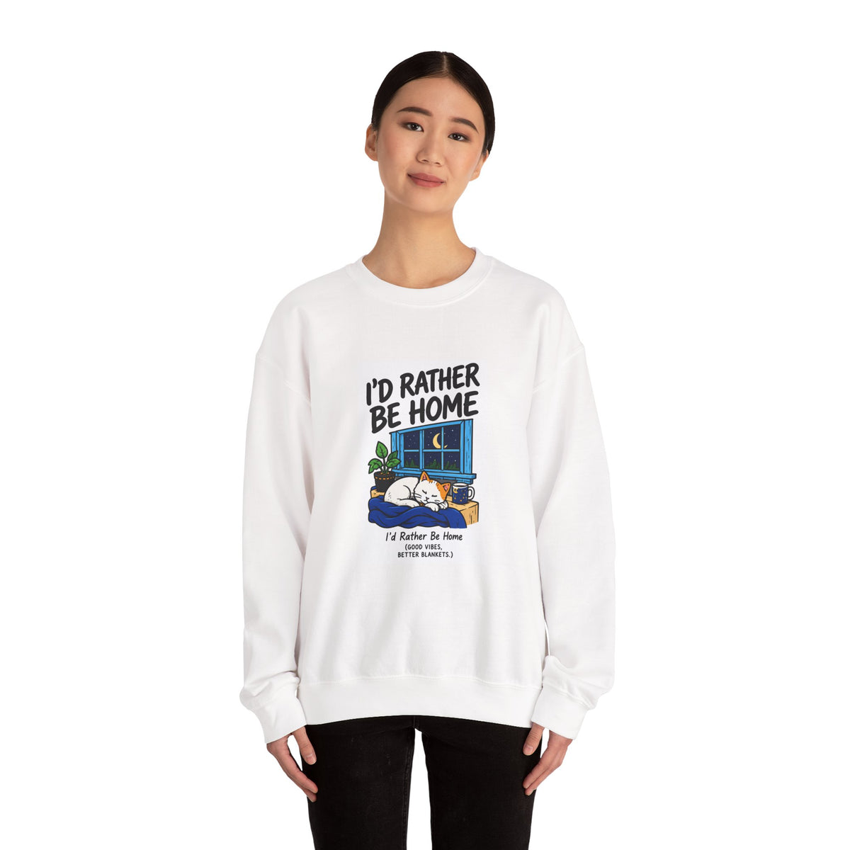 I'd Rather Be Home Sweatshirt — Cozy Cat Window Night Crewneck
