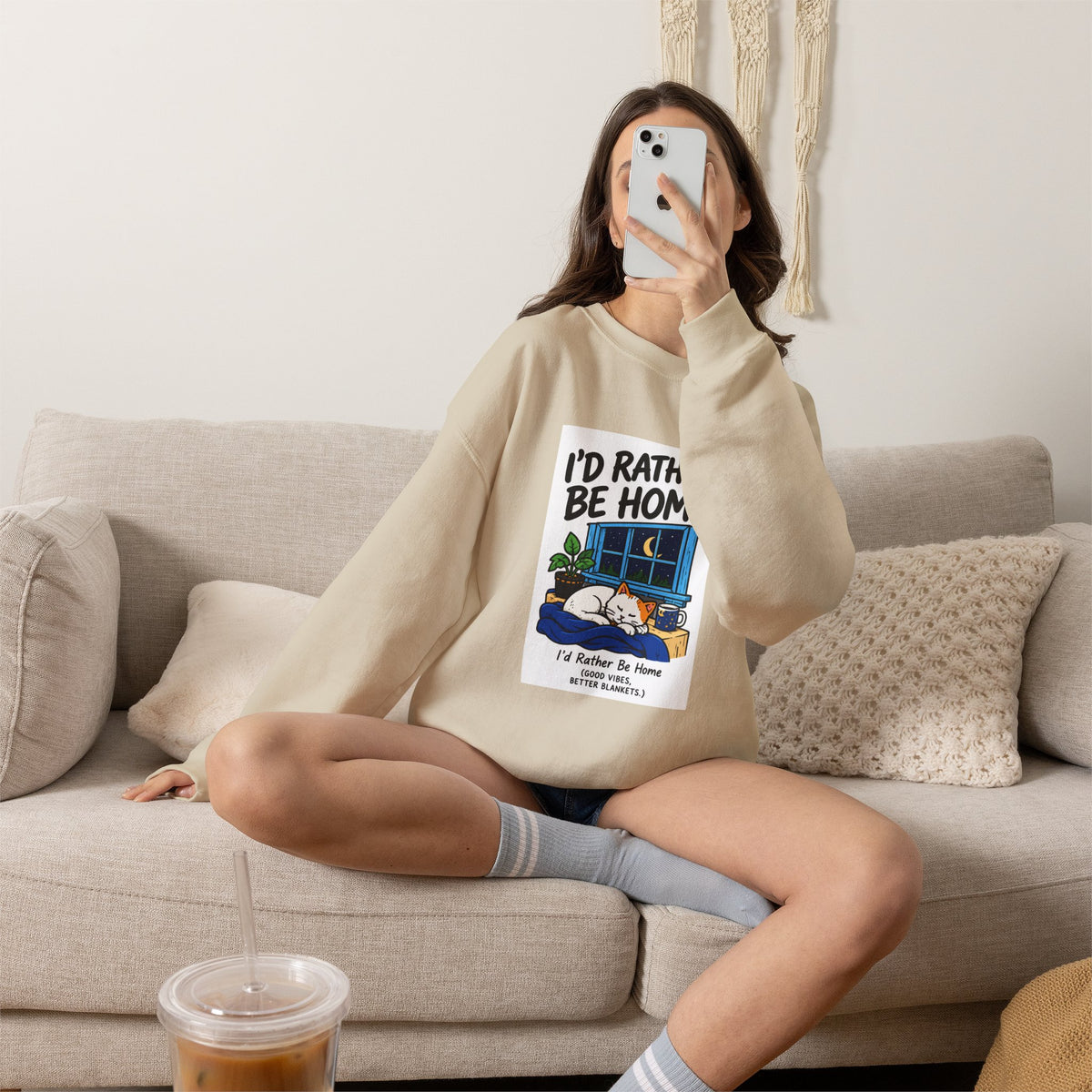 I'd Rather Be Home Sweatshirt — Cozy Cat Window Night Crewneck