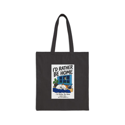 I'd Rather Be Home Canvas Tote Bag — Cozy Cat Window Illustration
