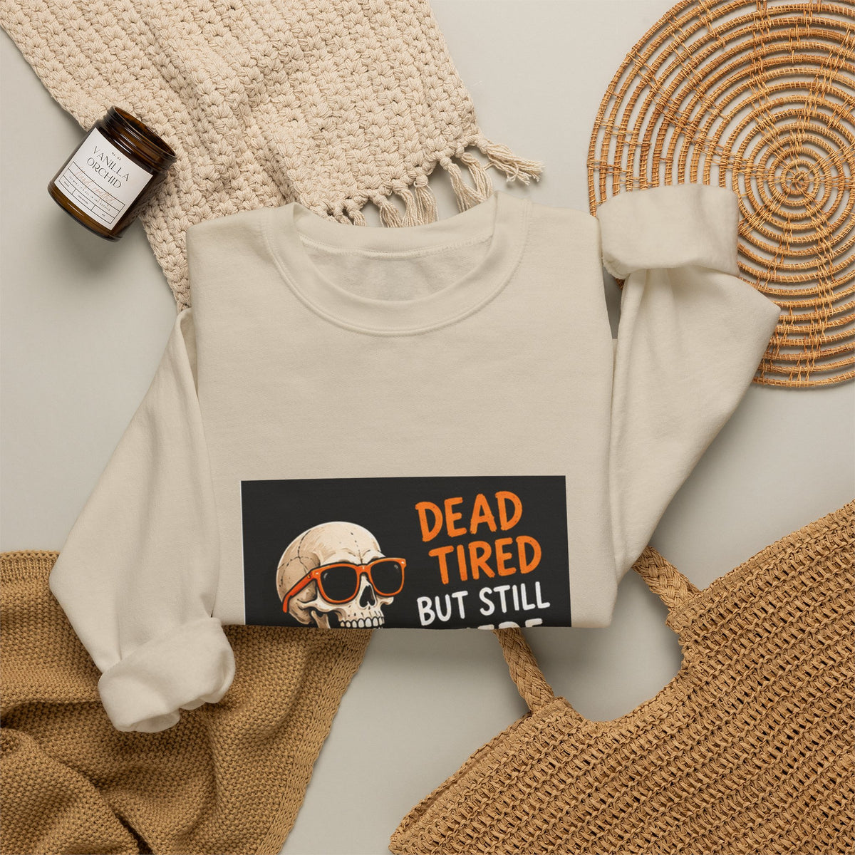 Dead Tired But Still Here Sweatshirt — Funny Skeleton Coffee Crewneck