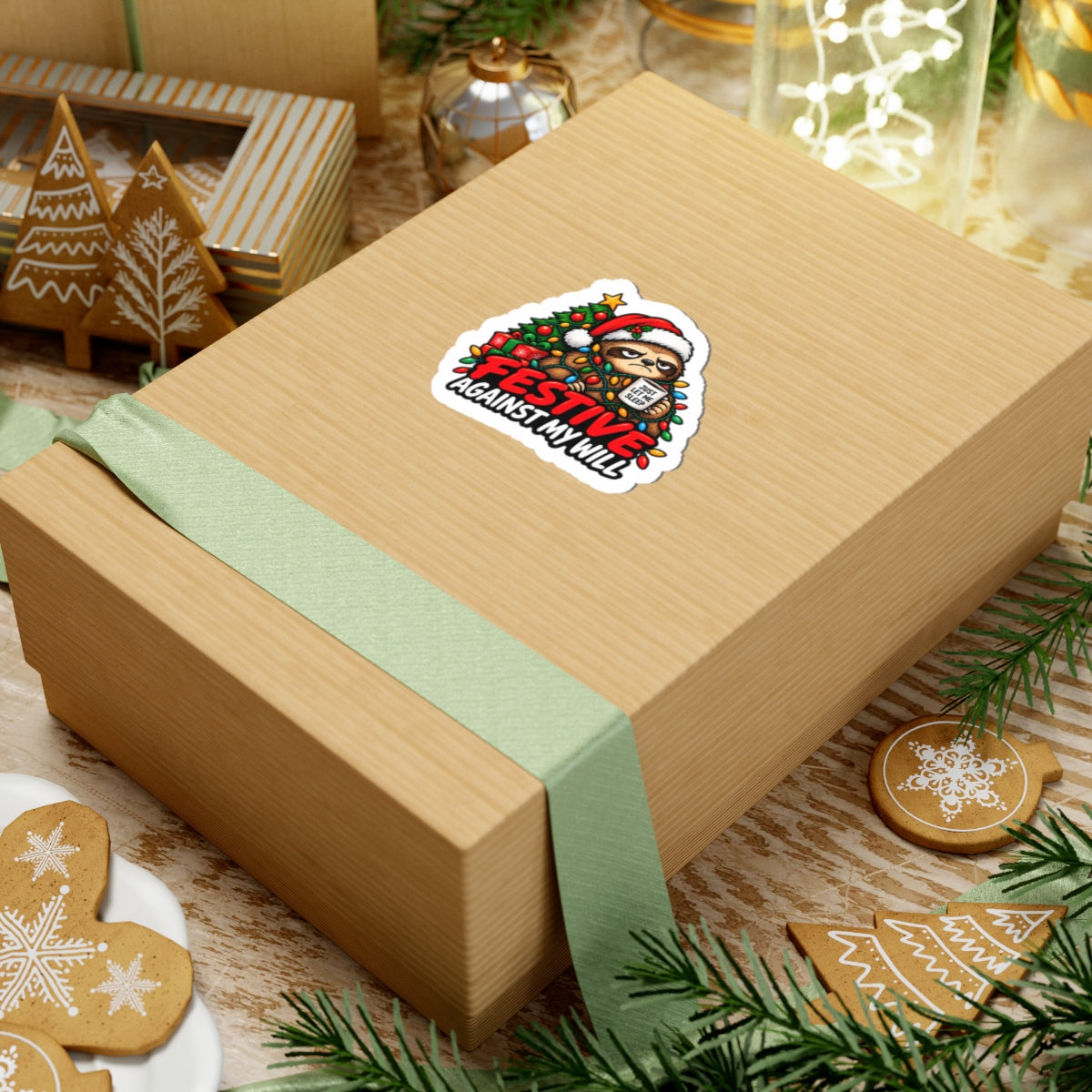Holiday Sloth Sticker — "Festive Against My Will" Christmas Kiss-Cut Sticker