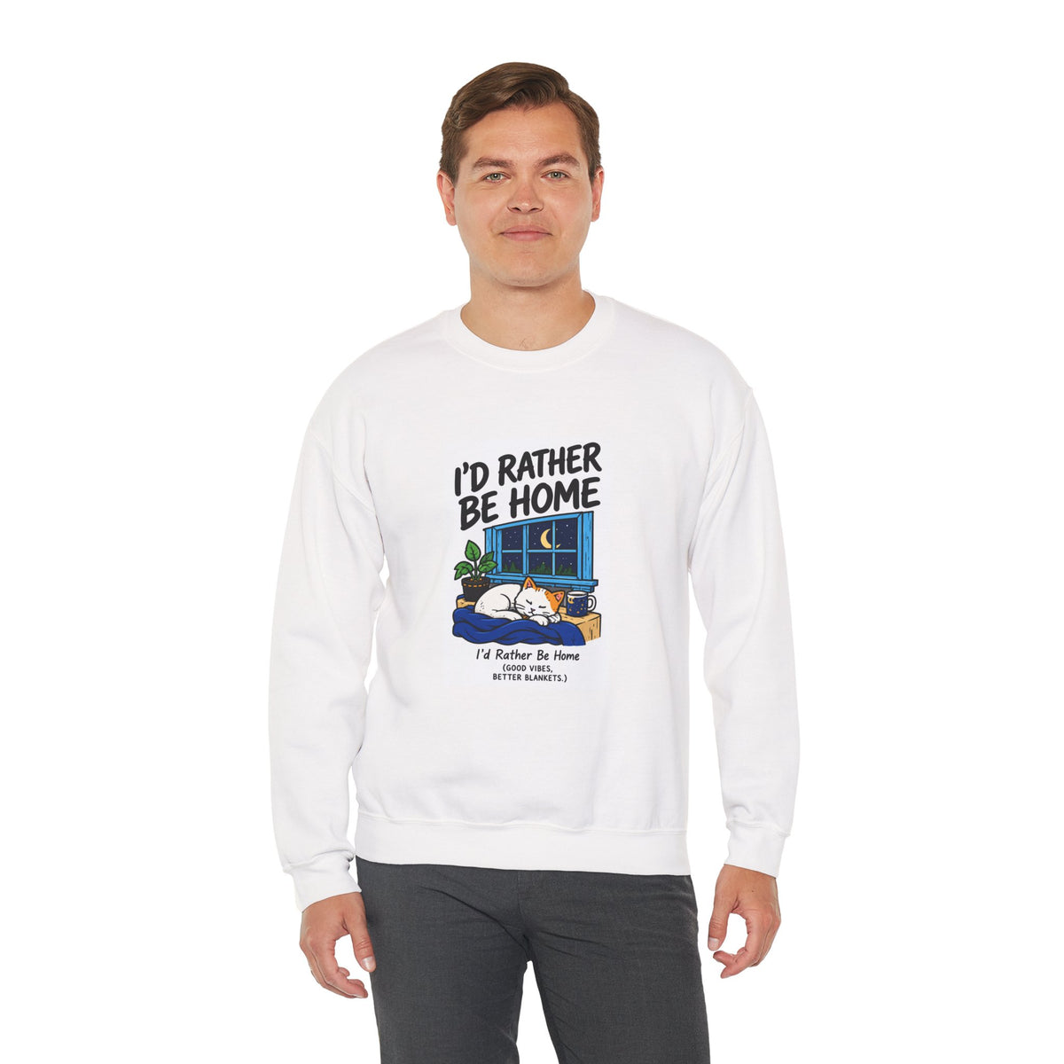 I'd Rather Be Home Sweatshirt — Cozy Cat Window Night Crewneck