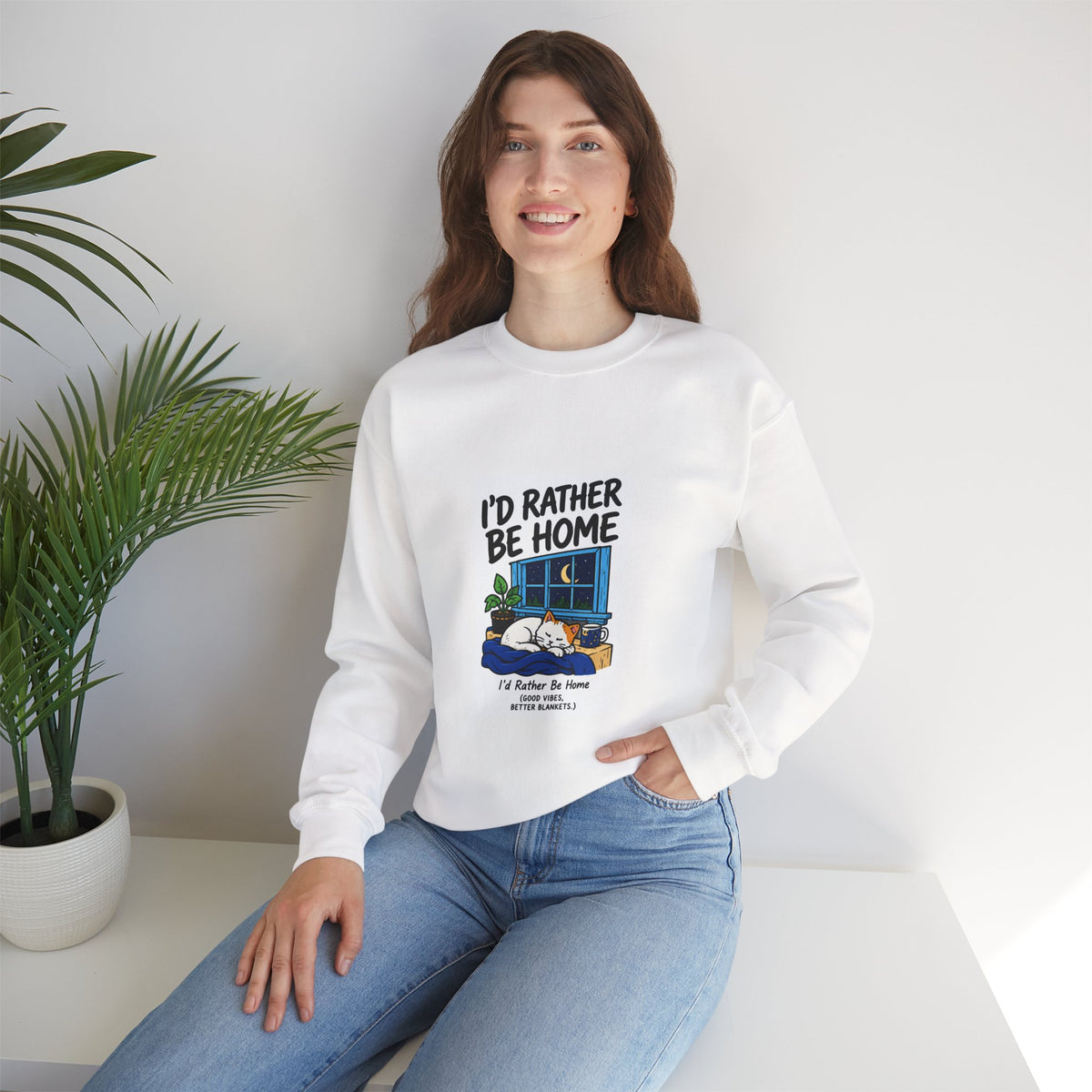 Crewneck Sweatshirt — 'I'd Rather Be Home' Cozy Cabin Graphic