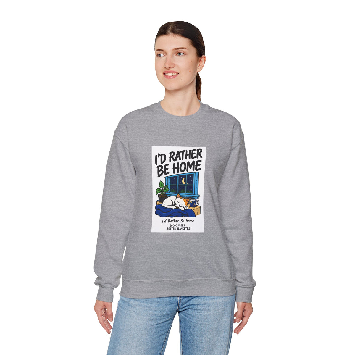 I'd Rather Be Home Sweatshirt — Cozy Cat Window Night Crewneck