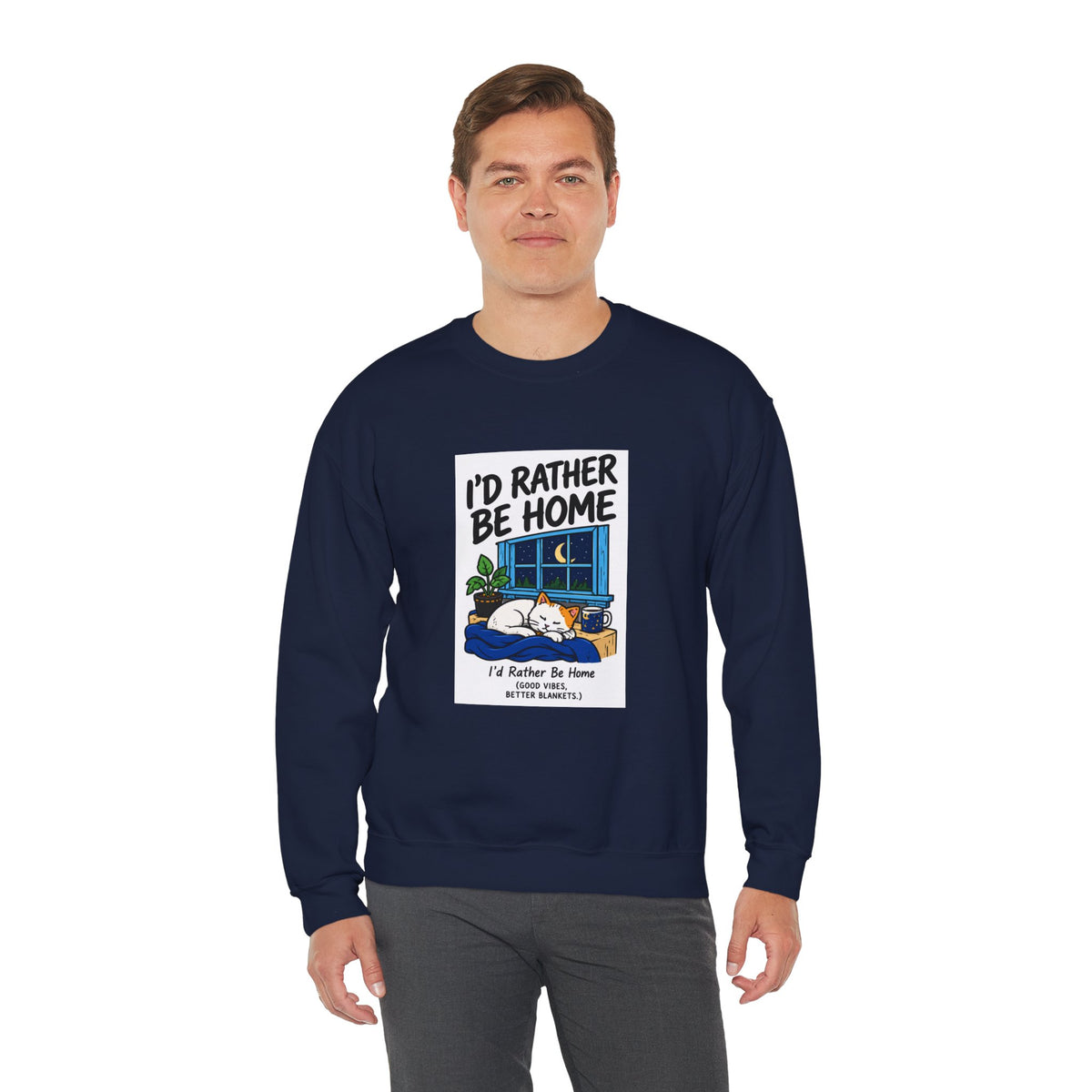 I'd Rather Be Home Sweatshirt — Cozy Cat Window Night Crewneck