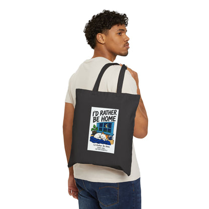 I'd Rather Be Home Canvas Tote Bag — Cozy Cat Window Illustration