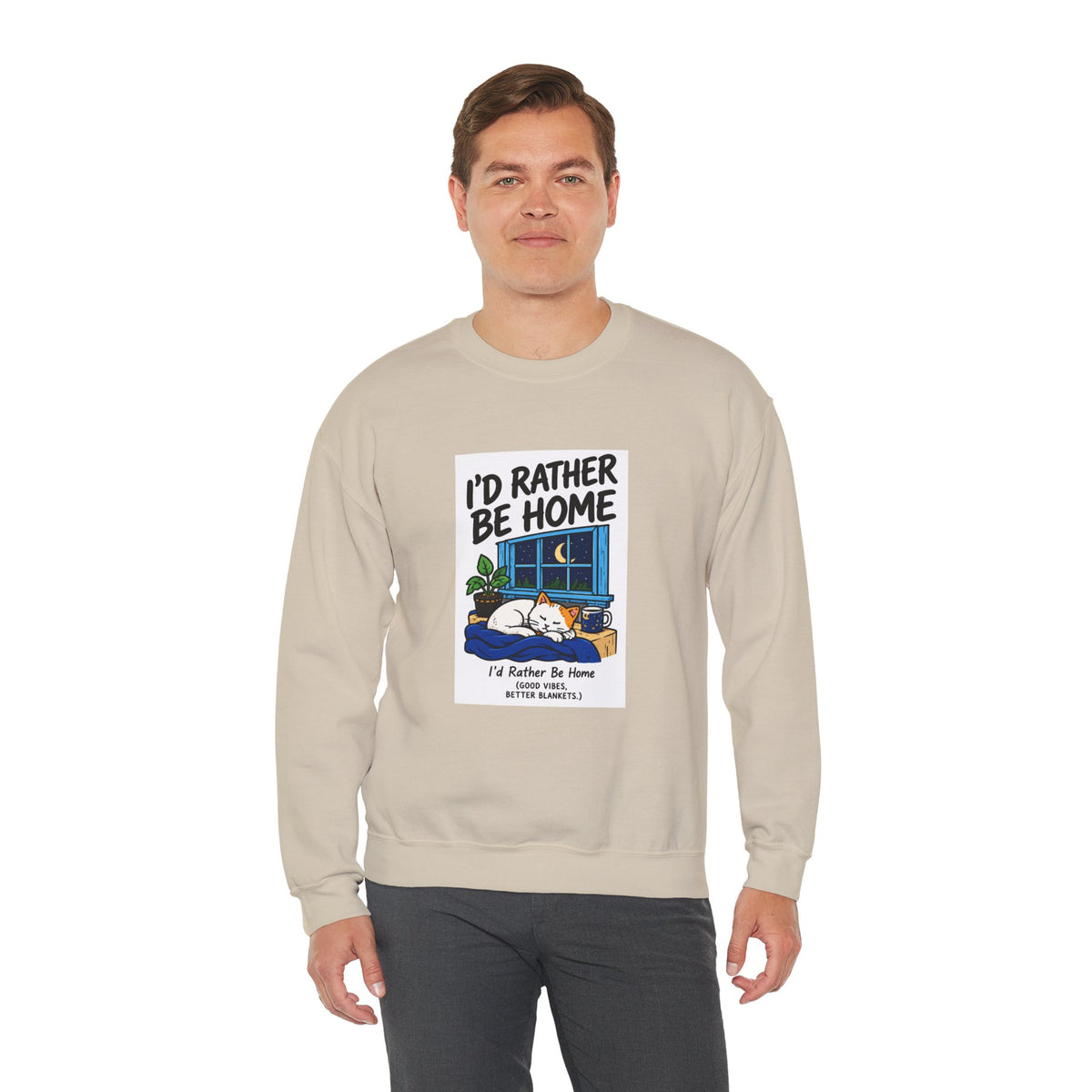 I'd Rather Be Home Sweatshirt — Cozy Cat Window Night Crewneck