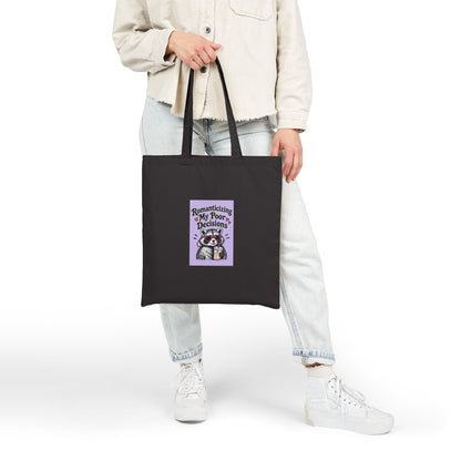 Romanticizing My Poor Decisions Tote Bag | Raccoon Illustration, Purple Retro Text
